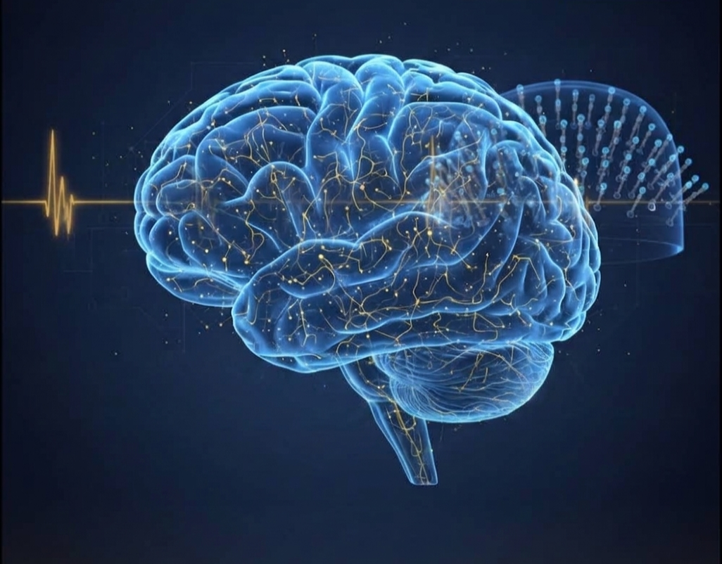Illustration of a brain with EEG signal and a portable EEG cap