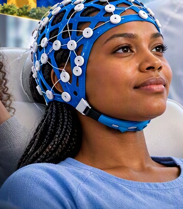 Patient wearing a multi-channel EEG cap during a recording